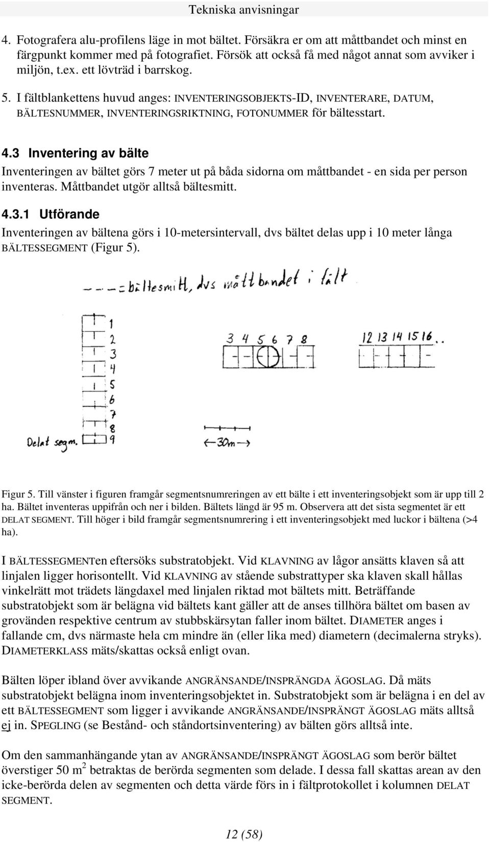 I fältblankettens huvud anges: INVENTERINGSOBJEKTS-ID, INVENTERARE, DATUM, BÄLTESNUMMER, INVENTERINGSRIKTNING, FOTONUMMER för bältesstart. 4.