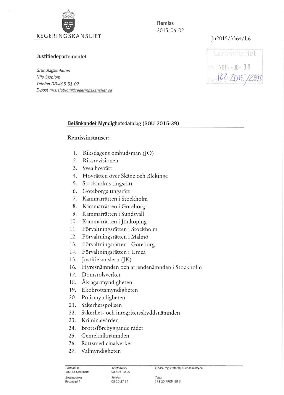 Hovrätten över Skåne och Blekinge 5. Stockholms tingsrätt 6. Göteborgs tingsrätt 7. Kammarrätten i Stockholm 8. Kammarrätten i Göteborg 9. Kammal-rätten i Sundsvall 10. Kammdrrätten i Jönköping 11.