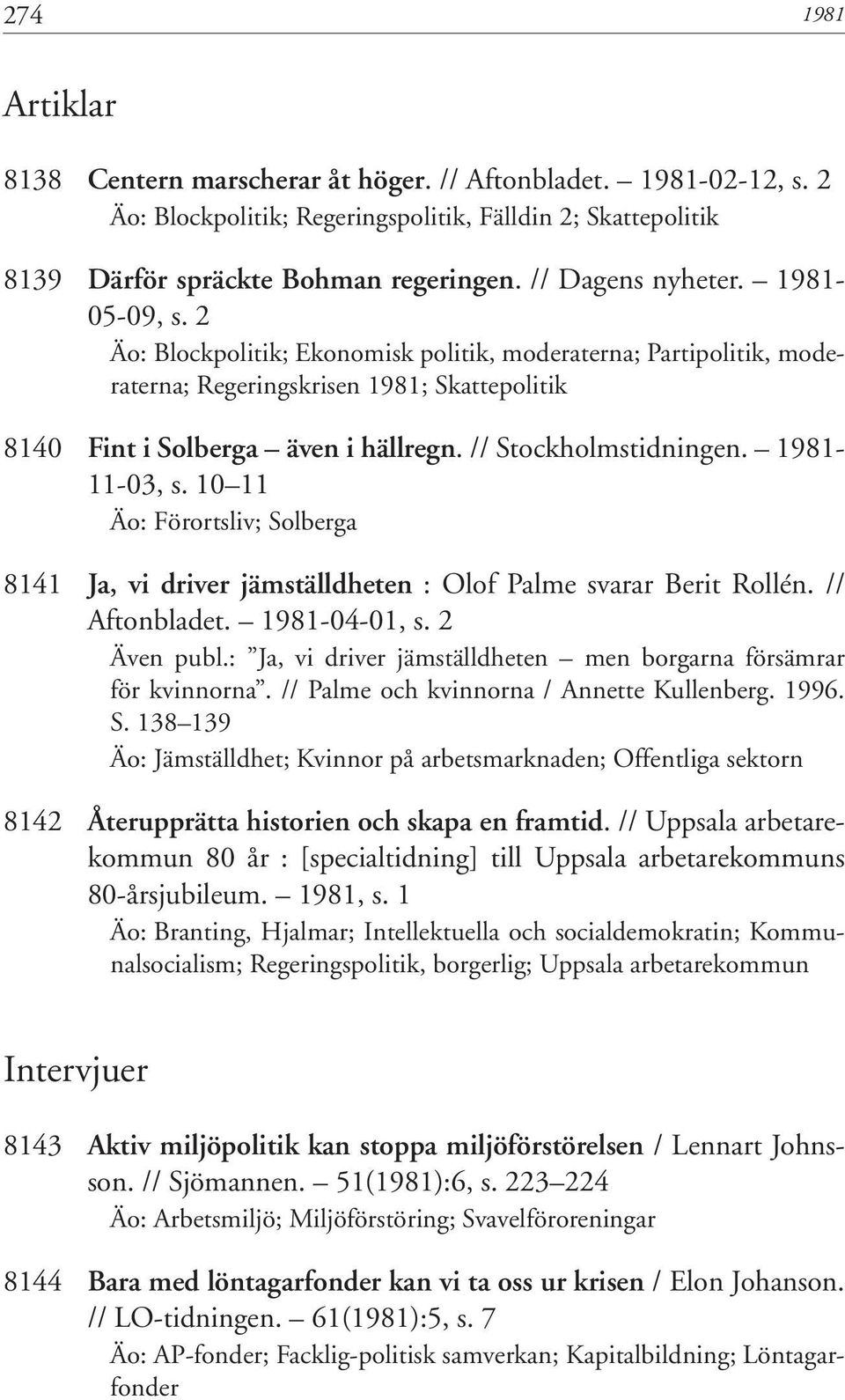 // Stockholmstidningen. 1981-11-03, s. 10 11 Äo: Förortsliv; Solberga 8141 Ja, vi driver jämställdheten : Olof Palme svarar Berit Rollén. // Aftonbladet. 1981-04-01, s. 2 Även publ.