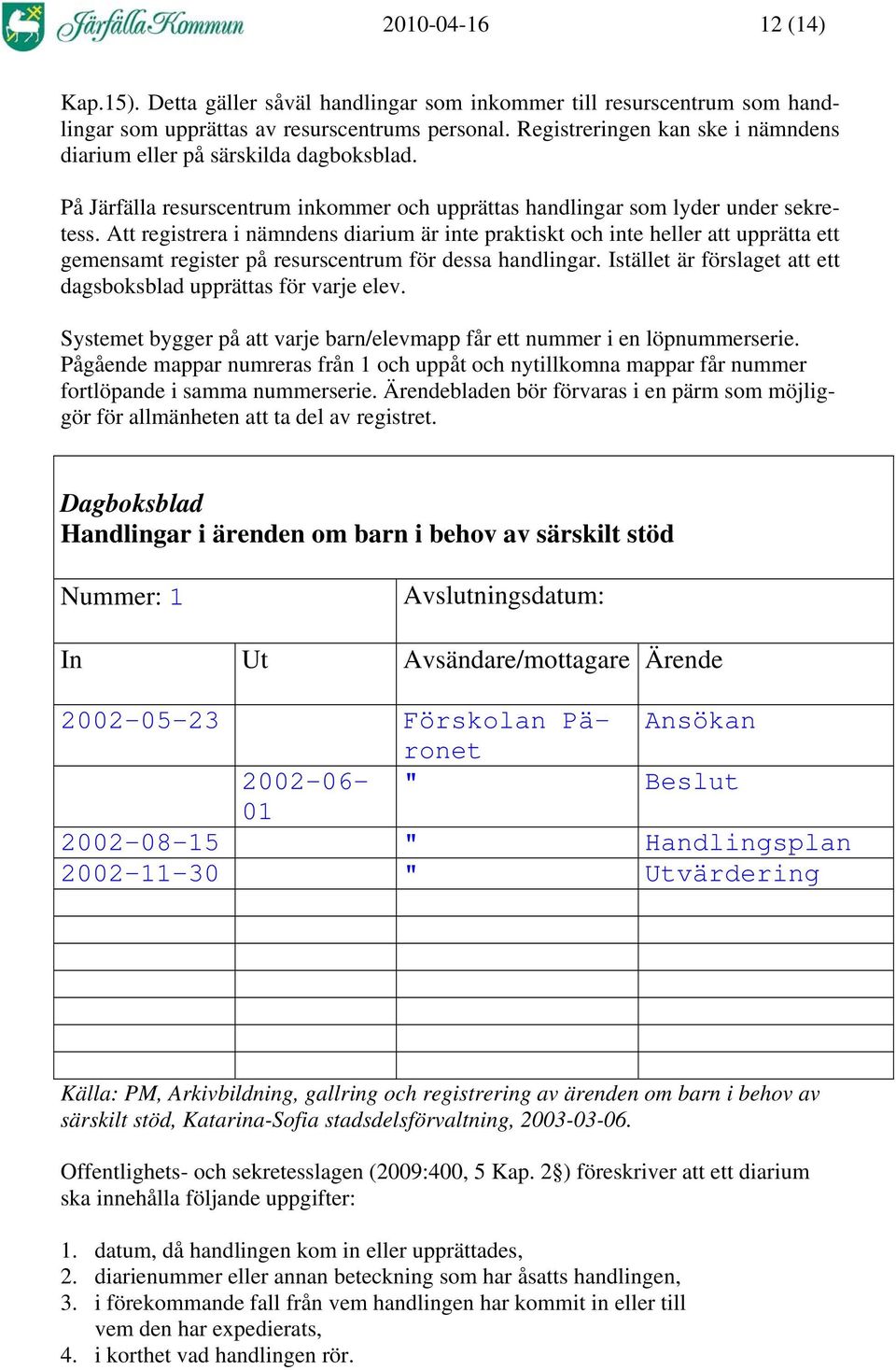 Att registrera i nämndens diarium är inte praktiskt och inte heller att upprätta ett gemensamt register på resurscentrum för dessa handlingar.