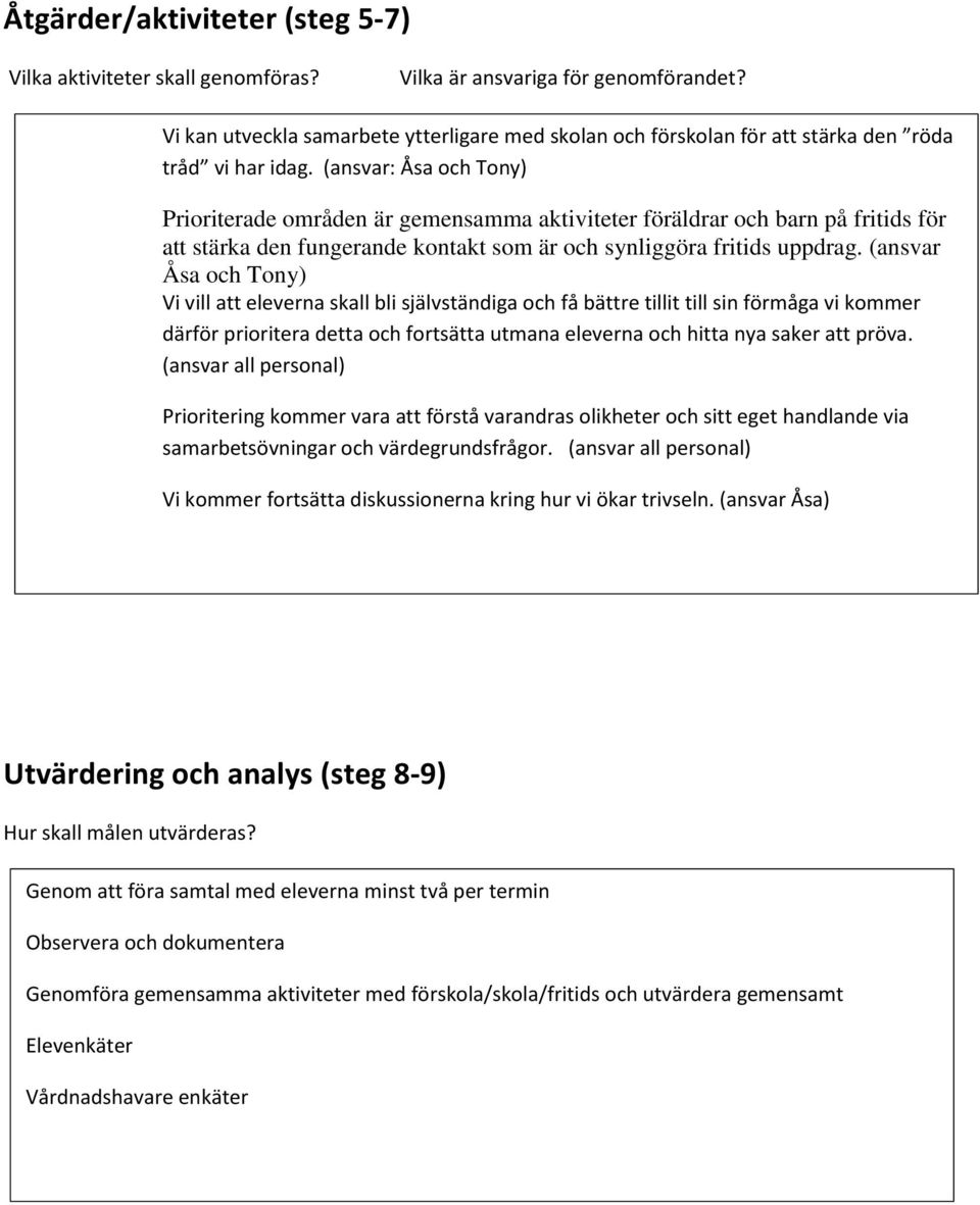 (ansvar: Åsa och Tony) Prioriterade områden är gemensamma aktiviteter föräldrar och barn på fritids för att stärka den fungerande kontakt som är och synliggöra fritids uppdrag.