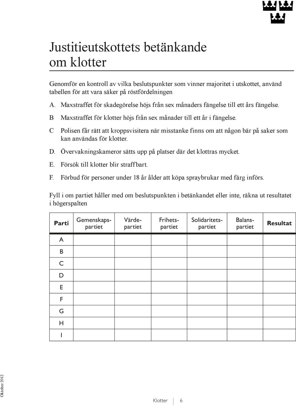 Polisen får rätt att kroppsvisitera när misstanke finns om att någon bär på saker som kan användas för klotter. D. Övervakningskameror sätts upp på platser där det klottras mycket. E.