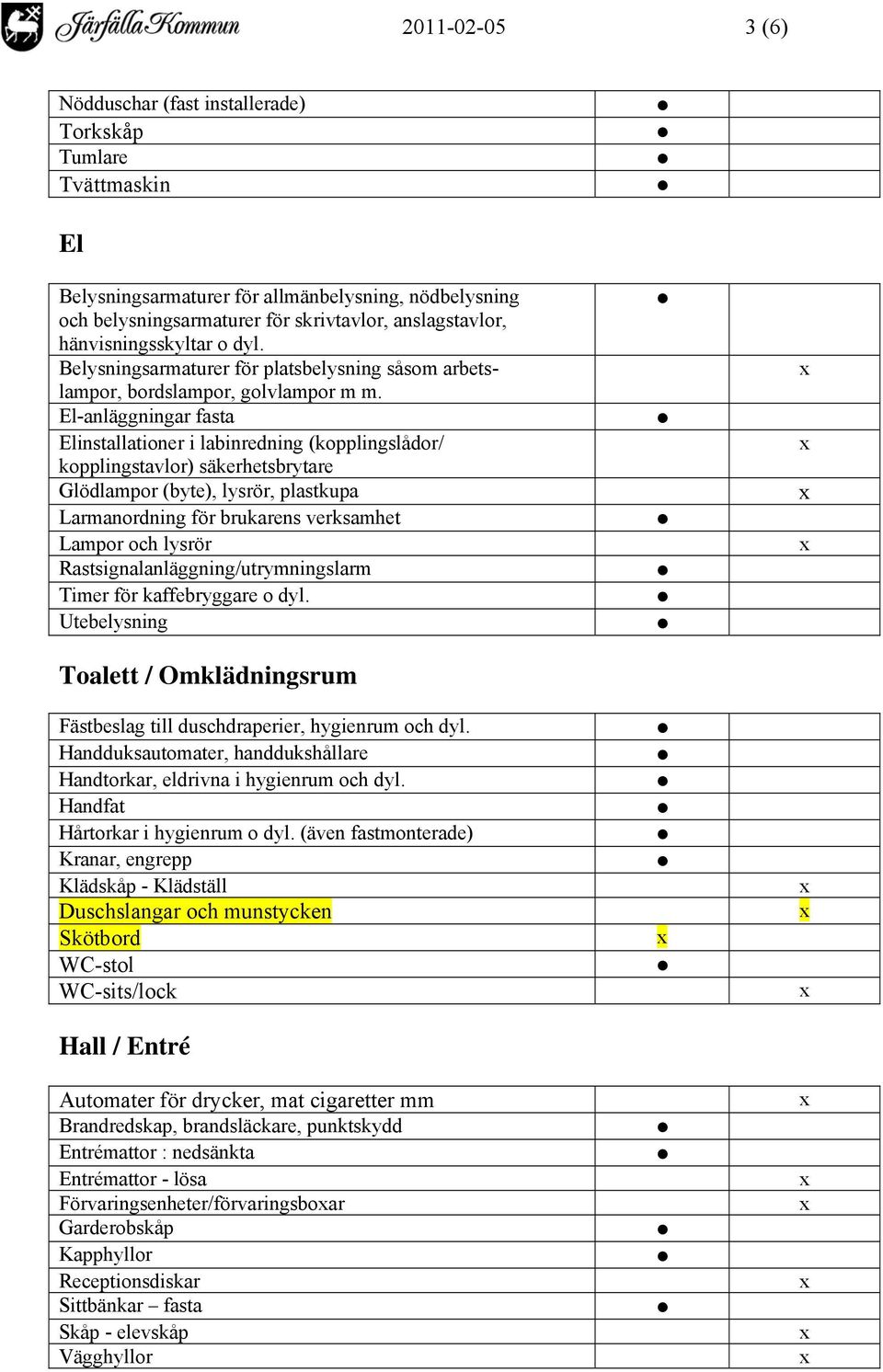 El-anläggningar fasta Elinstallationer i labinredning (kopplingslådor/ kopplingstavlor) säkerhetsbrytare Glödlampor (byte), lysrör, plastkupa Larmanordning för brukarens verksamhet Lampor och lysrör