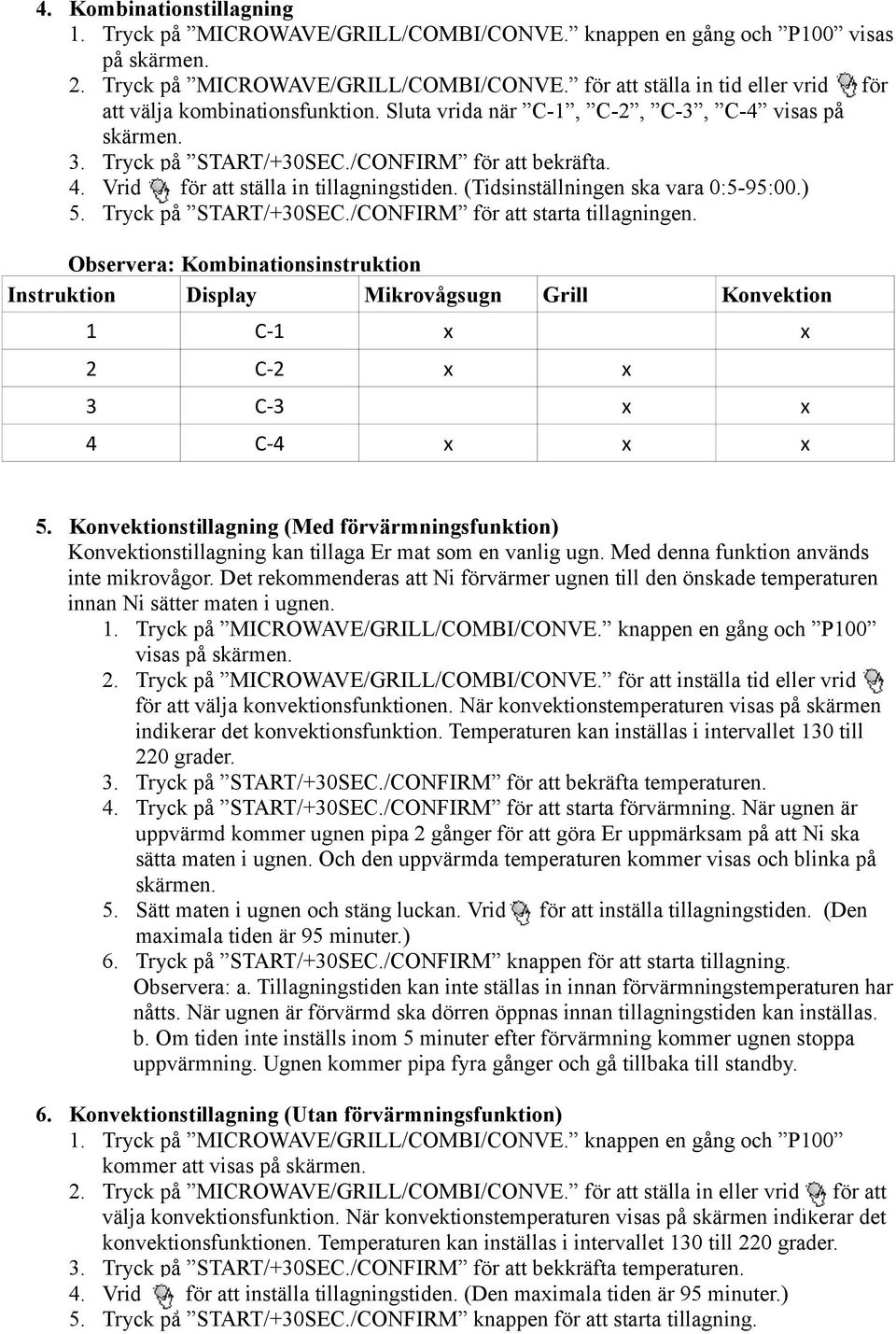 Tryck på START/+30SEC./CONFIRM för att starta tillagningen. Observera: Kombinationsinstruktion Instruktion Display Mikrovågsugn Grill Konvektion 1 C-1 x x 2 C-2 x x 3 C-3 x x 4 C-4 x x x 5.