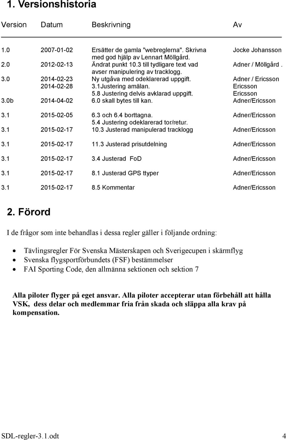 8 Justering delvis avklarad uppgift. Ericsson 3.0b 2014-04-02 6.0 skall bytes till kan. Adner/Ericsson 3.1 2015-02-05 6.3 och 6.4 borttagna. Adner/Ericsson 5.4 Justering odeklarerad tor/retur. 3.1 2015-02-17 10.