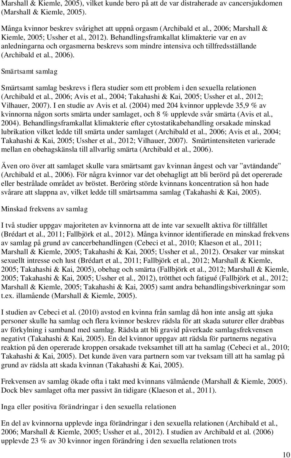 , 2006). Smärtsamt samlag Smärtsamt samlag beskrevs i flera studier som ett problem i den sexuella relationen (Archibald et al., 2006; Avis et al., 2004; Takahashi & Kai, 2005; Ussher et al.