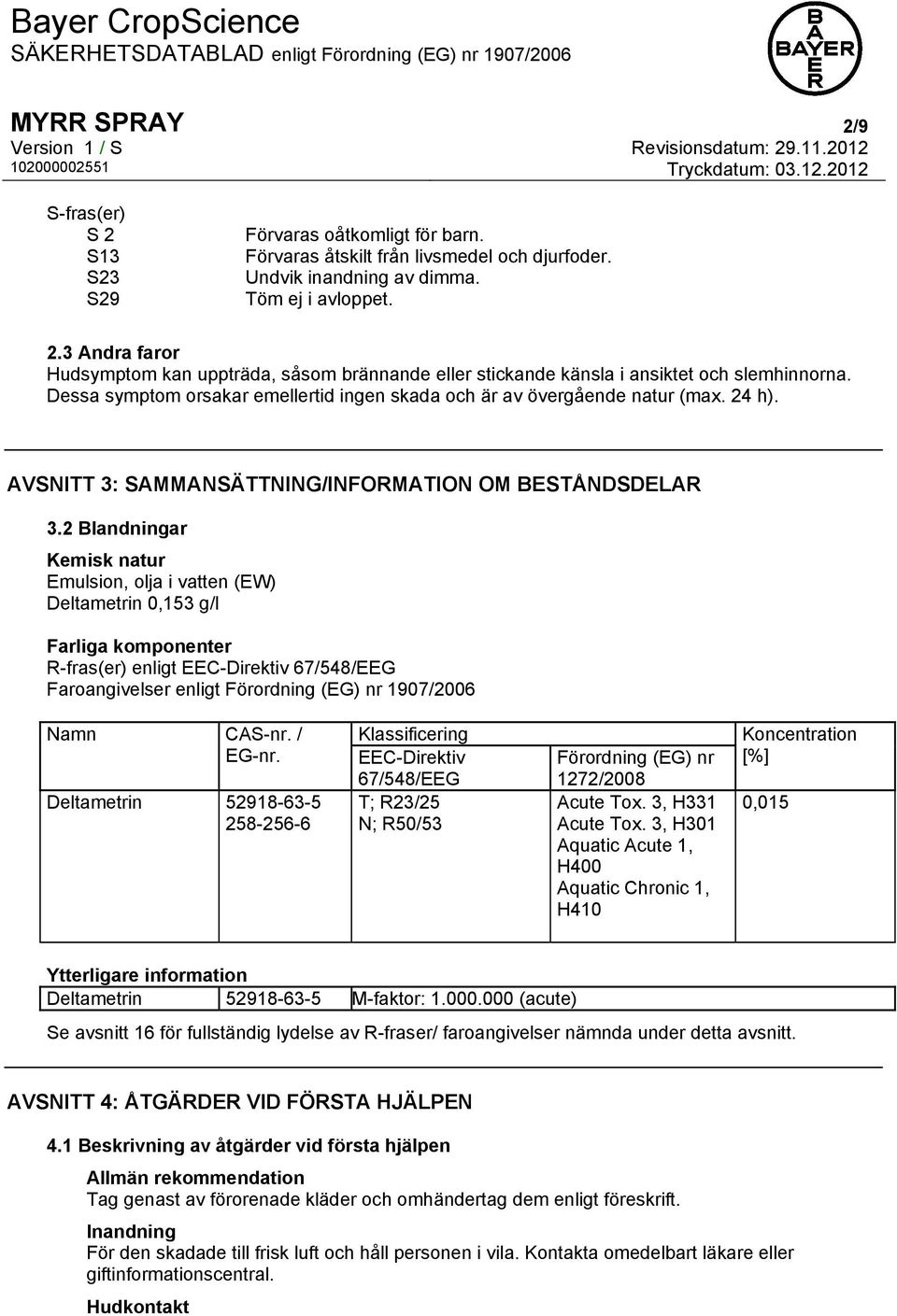 2 Blandningar Kemisk natur Emulsion, olja i vatten (EW) Deltametrin 0,153 g/l Farliga komponenter R-fras(er) enligt EEC-Direktiv 67/548/EEG Faroangivelser enligt Förordning (EG) nr 1907/2006 Namn