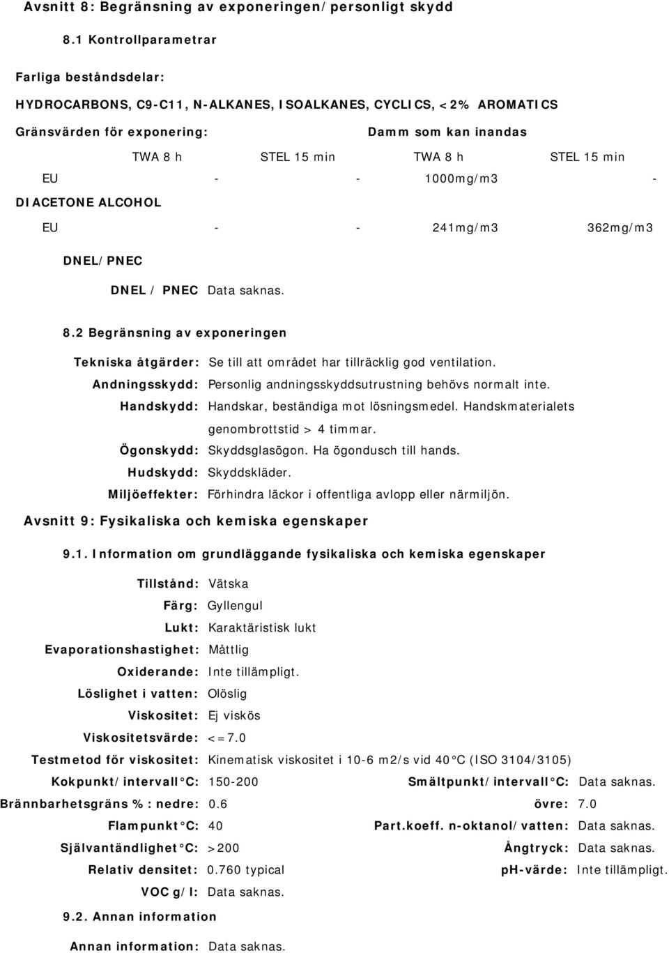 DIACETONE ALCOHOL EU - - 241mg/m3 362mg/m3 DNEL/PNEC DNEL / PNEC Data saknas. 8.