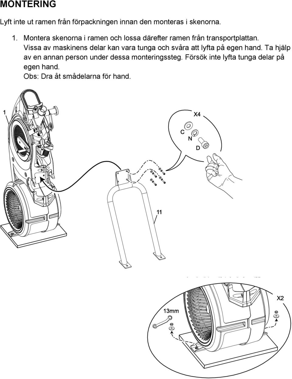 Vissa av maskinens delar kan vara tunga och svåra att lyfta på egen hand.