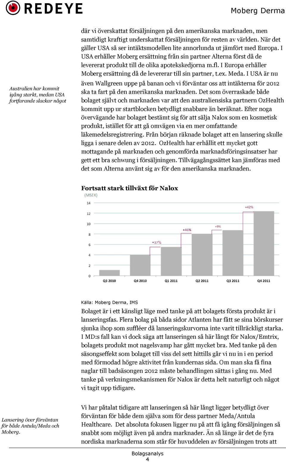 I USA erhåller Moberg ersättning från sin partner Alterna först då de levererat produkt till de olika apotekskedjorna m.fl. I Europa erhåller Moberg ersättning då de levererar till sin partner, t.ex.