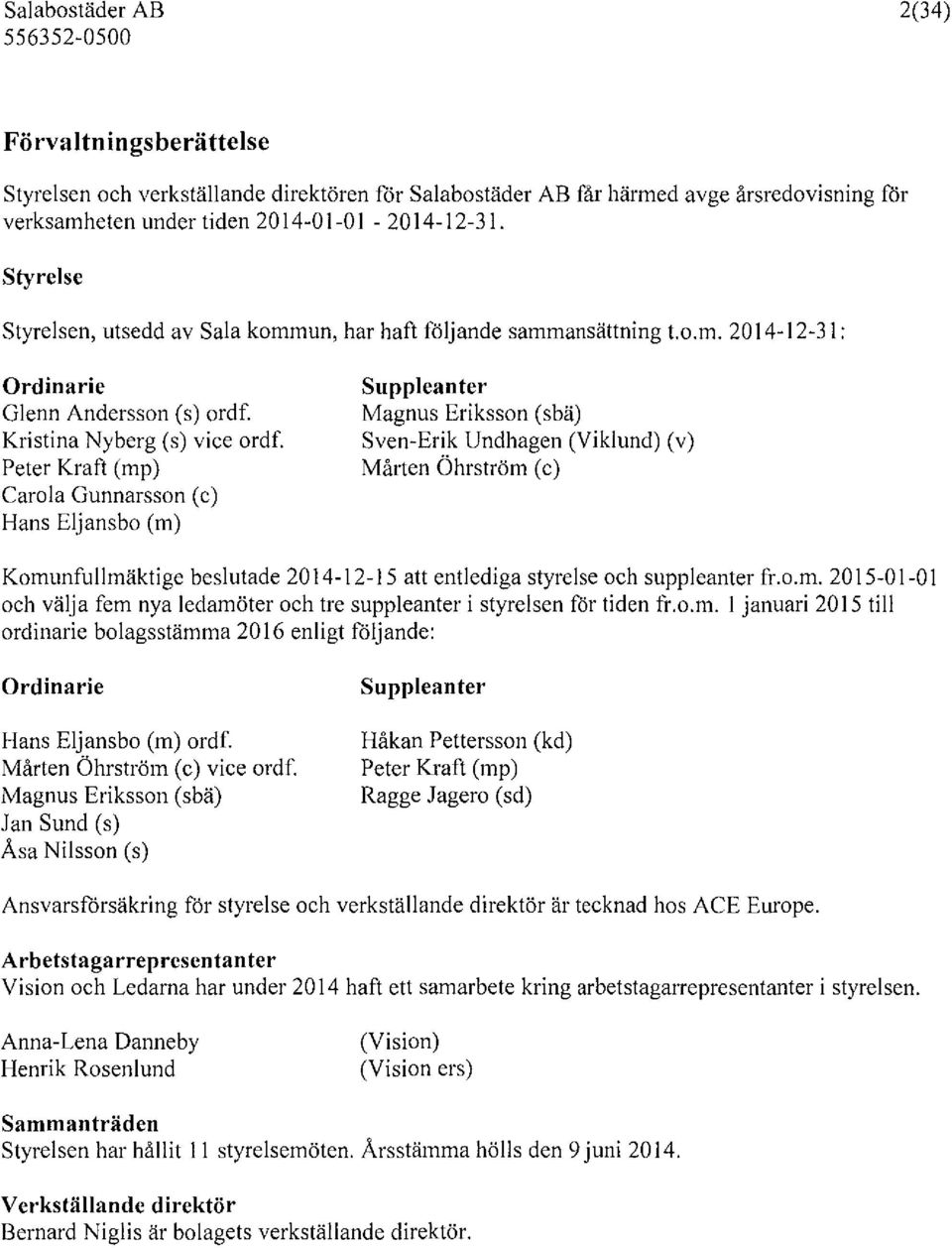 Peter Kraft (mp) Carol a Gunnarsson (c) Hans Eljansbo (m) Suppleanter Magnus Eriksson (sbä) Sven-Erik Undhagen (Viklund) (v) Mårten Öhrström (c) Komunfullmäktige beslutade 2014-12-15 att entlediga