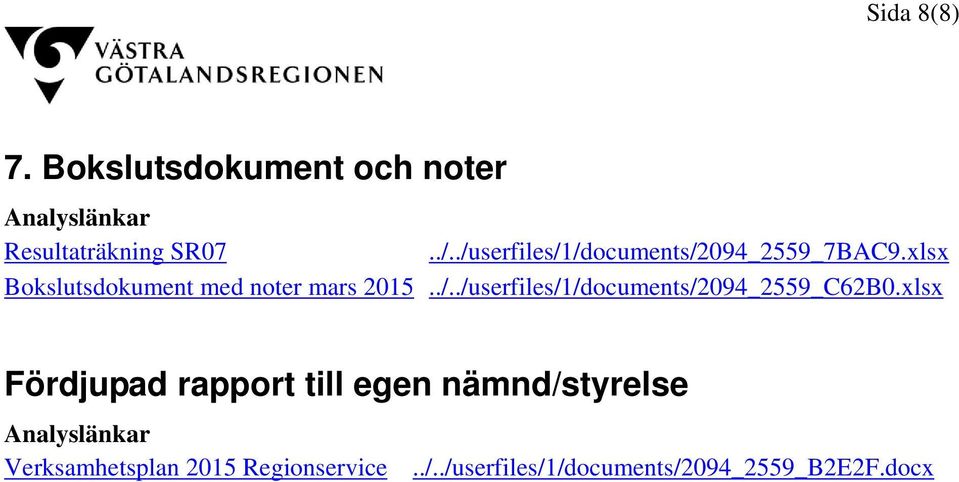 xlsx Fördjupad rapport till egen nämnd/styrelse Analyslänkar Verksamhetsplan 2015