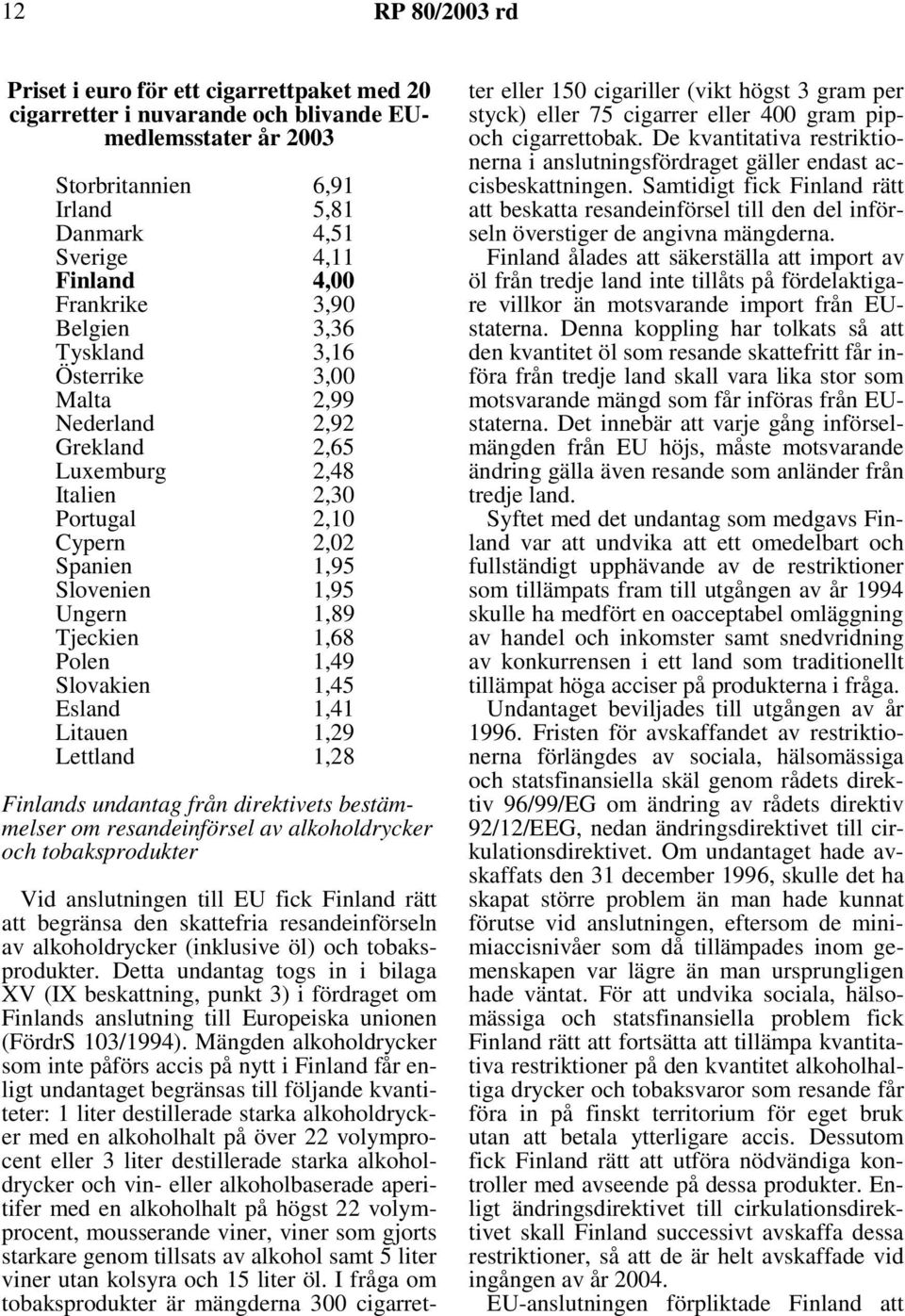 1,49 Slovakien Esland 1,45 1,41 Litauen 1,29 Lettland 1,28 Finlands undantag från direktivets bestämmelser om resandeinförsel av alkoholdrycker och tobaksprodukter Vid anslutningen till EU fick