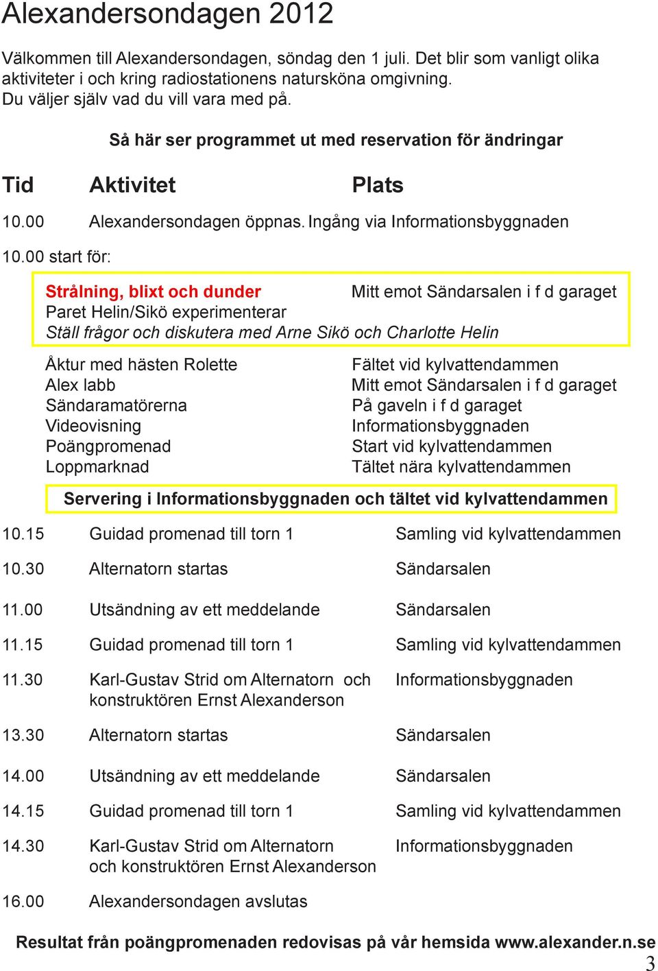 00 start för: Strålning, blixt och dunder Mitt emot Sändarsalen i f d garaget Paret Helin/Sikö experimenterar Ställ frågor och diskutera med Arne Sikö och Charlotte Helin Åktur med hästen Rolette