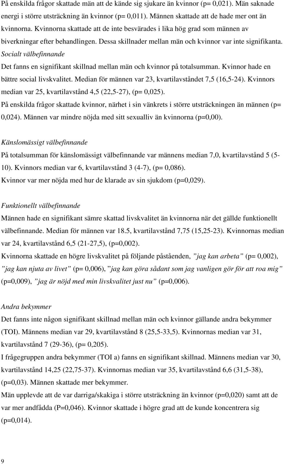 Socialt välbefinnande Det fanns en signifikant skillnad mellan män och kvinnor på totalsumman. Kvinnor hade en bättre social livskvalitet. Median för männen var 23, kvartilavståndet 7,5 (16,5-24).