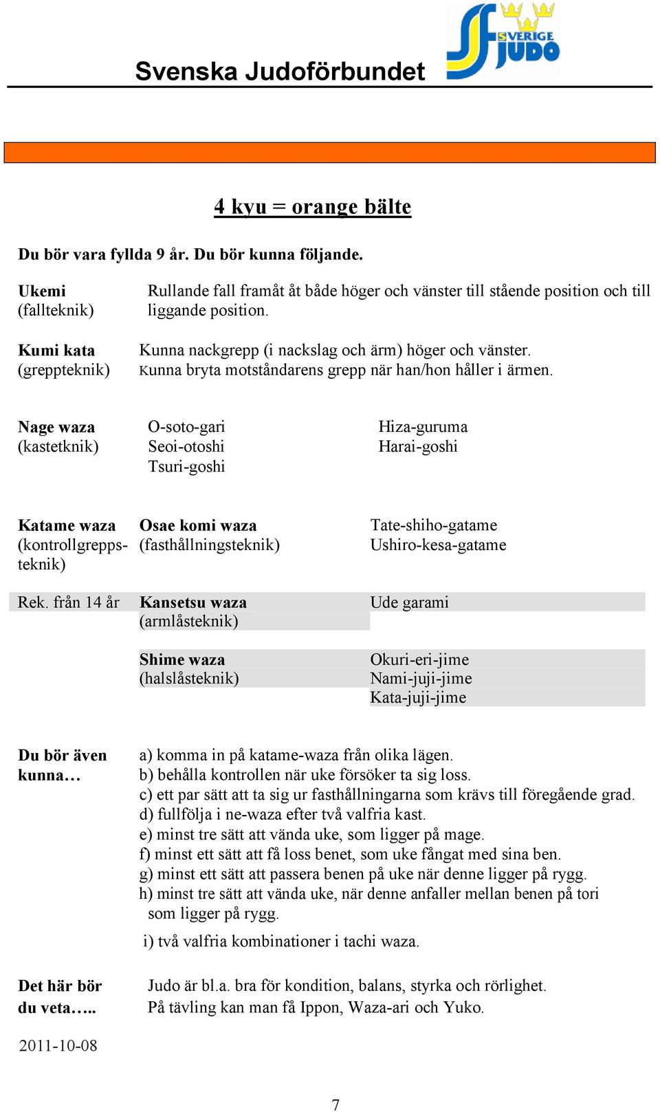 fall framåt åt både höger och vänster till stående position och till (fall liggande position. Kumi kata Kunna nackgrepp (i nackslag och ärm) höger och vänster.