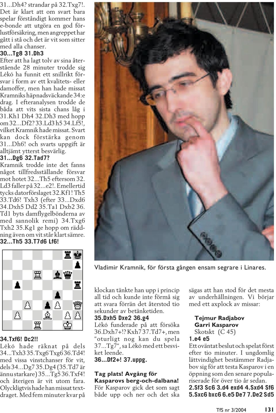 Dh3 Efter att ha lagt tolv av sina återstående 28 minuter trodde sig Lékó ha funnit ett snillrikt försvar i form av ett kvalitets- eller damoffer, men han hade missat Kramniks häpnadsväckande 34:e