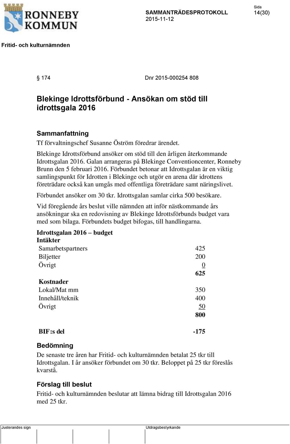 Förbundet betonar att Idrottsgalan är en viktig samlingspunkt för Idrotten i Blekinge och utgör en arena där idrottens företrädare också kan umgås med offentliga företrädare samt näringslivet.
