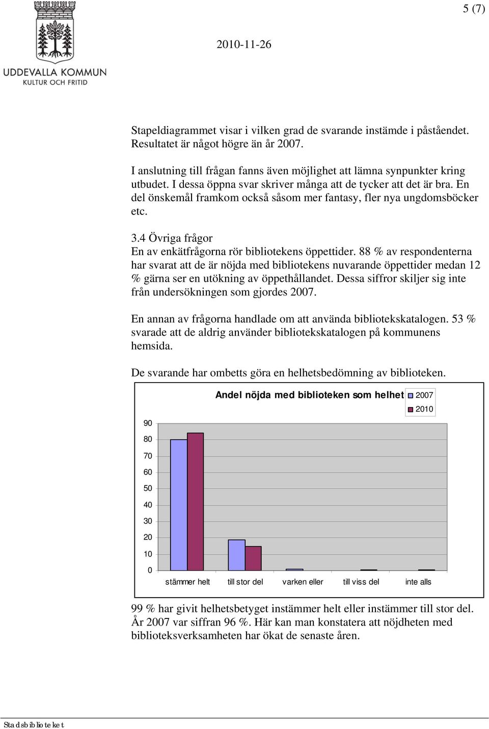 4 Övriga frågor En av enkätfrågorna rör bibliotekens öppettider.