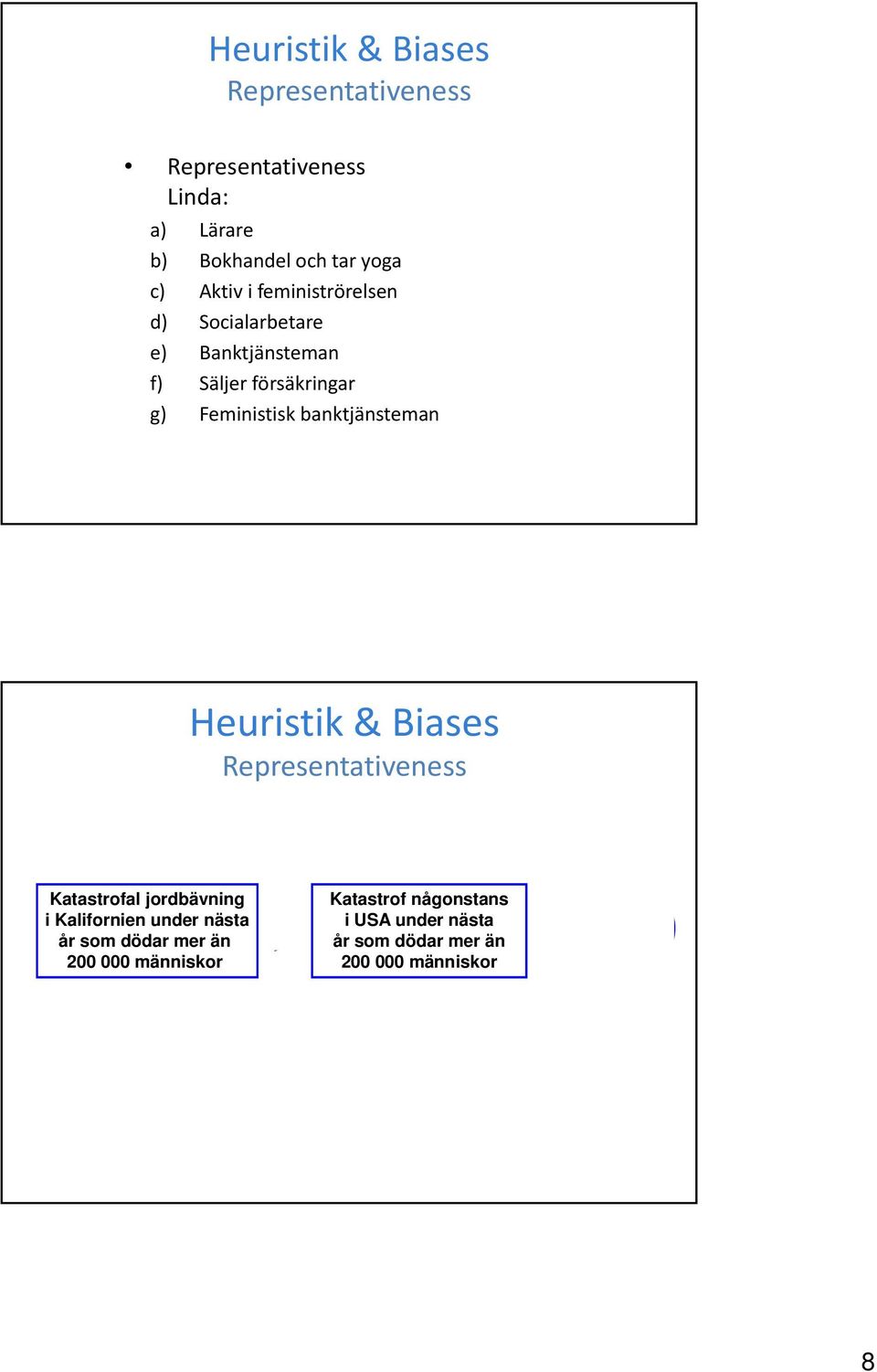 Heuristik & Biases Representativeness Katastrofal jordbävning i Kalifornien under nästa år som dödar mer än