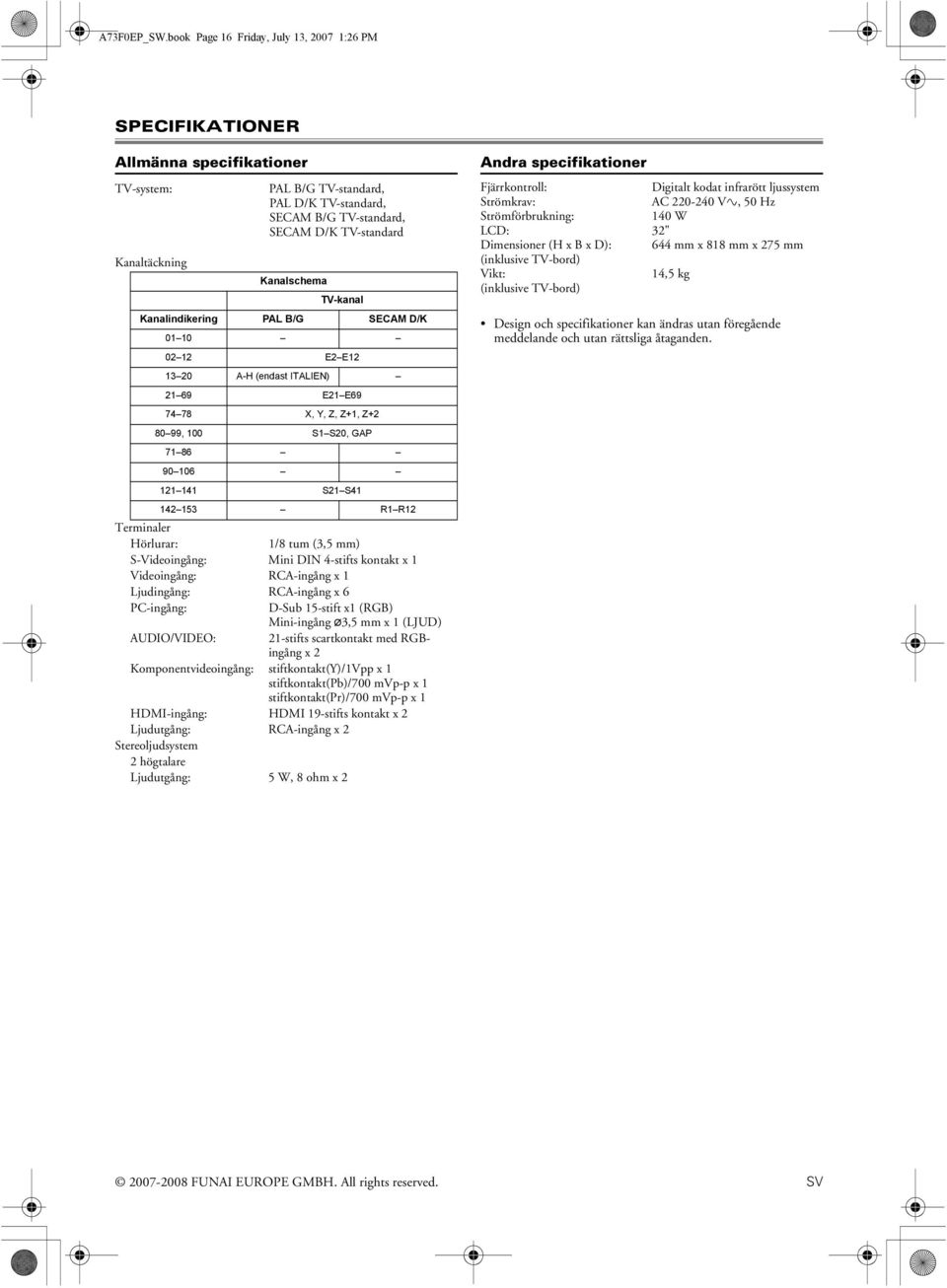 Kanalschema TV-kanal Kanalindikering PAL B/G SECAM D/K 01 10 02 12 E2 E12 13 20 A-H (endast ITALIEN) 21 69 E21 E69 74 78 X, Y, Z, Z+1, Z+2 80 99, 100 S1 S20, GAP 71 86 90 106 121 141 S21 S41 142 153