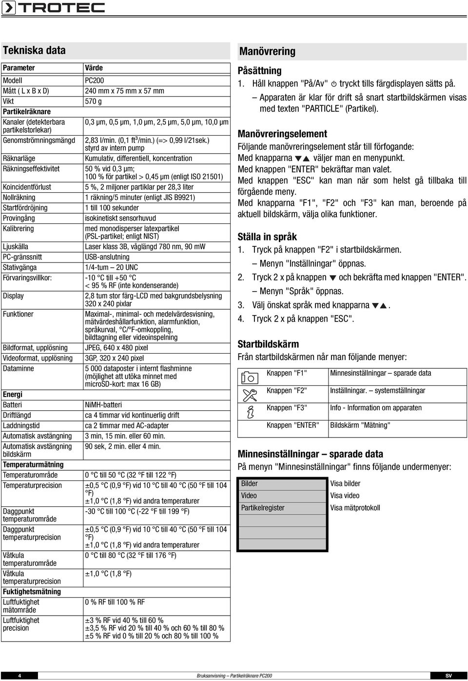 ) styrd av intern pump Räknarläge Kumulativ, differentiell, koncentration Räkningseffektivitet 50 % vid 0,3 μm; 100 % för partikel > 0,45 μm (enligt ISO 21501) Koincidentförlust 5 %, 2 miljoner