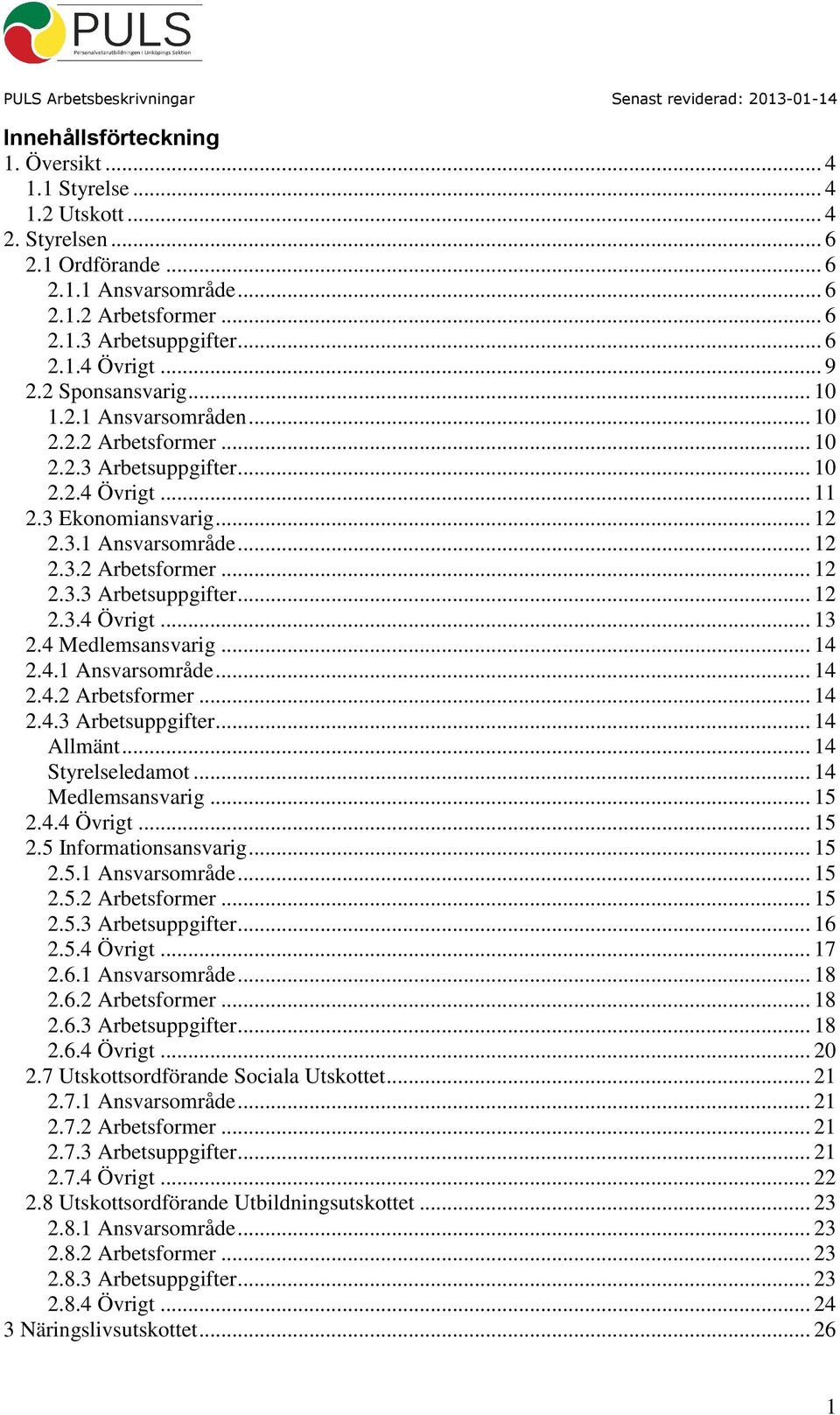 4 Medlemsansvarig... 14 2.4.1 Ansvarsområde... 14 2.4.2 Arbetsformer... 14 2.4.3 Arbetsuppgifter... 14 Allmänt... 14 Styrelseledamot... 14 Medlemsansvarig... 15 2.4.4 Övrigt... 15 2.5 Informationsansvarig.