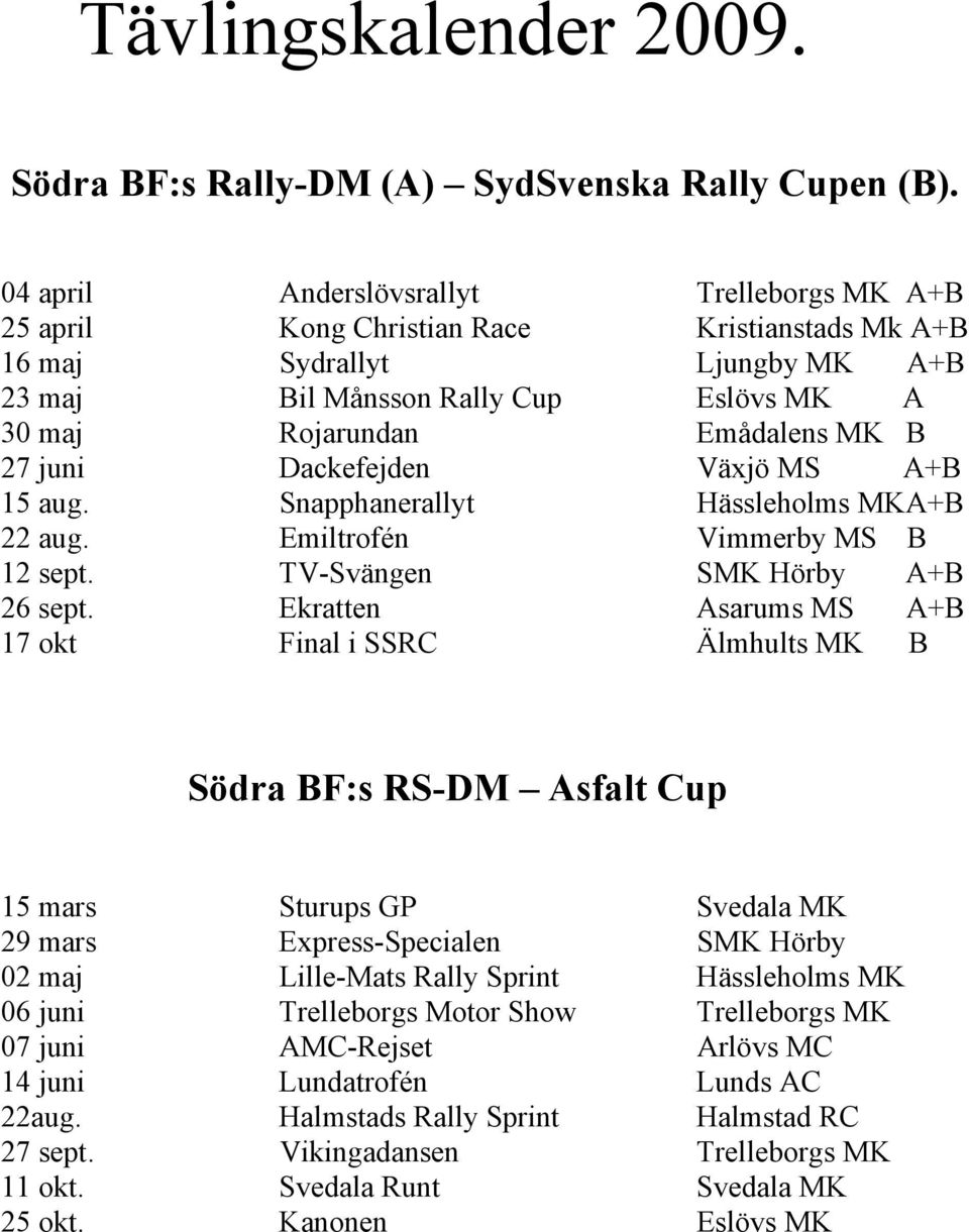 B 27 juni Dackefejden Växjö MS A+B 15 aug. Snapphanerallyt Hässleholms MKA+B 22 aug. Emiltrofén Vimmerby MS B 12 sept. TV-Svängen SMK Hörby A+B 26 sept.