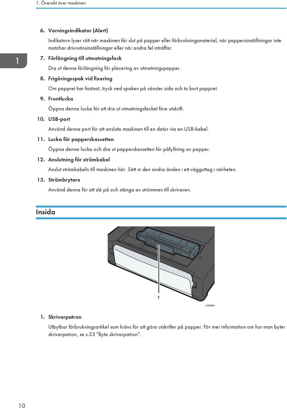 7. Förlängning till utmatningsfack Dra ut denna förlängning för placering av utmatningspapper. 8.