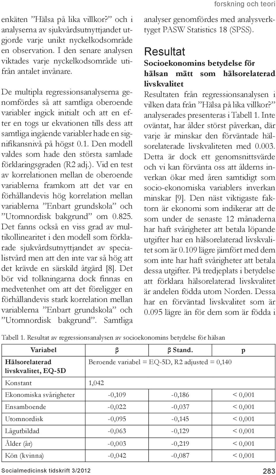 De multipla regressionsanalyserna genomfördes så att samtliga oberoende variabler ingick initialt och att en efter en togs ur ekvationen tills dess att samtliga ingående variabler hade en