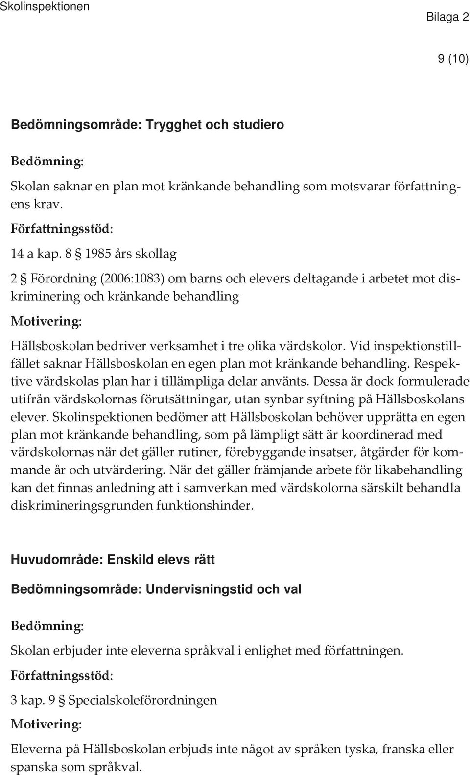 Vid inspektionstillfället saknar Hällsboskolan en egen plan mot kränkande behandling. Respektive värdskolas plan har i tillämpliga delar använts.