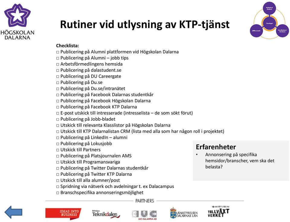 se/intranätet Publicering på Facebook Dalarnas studentkår Publicering på Facebook Högskolan Dalarna Publicering på Facebook KTP Dalarna E post utskick till intresserade (intresselista de som sökt