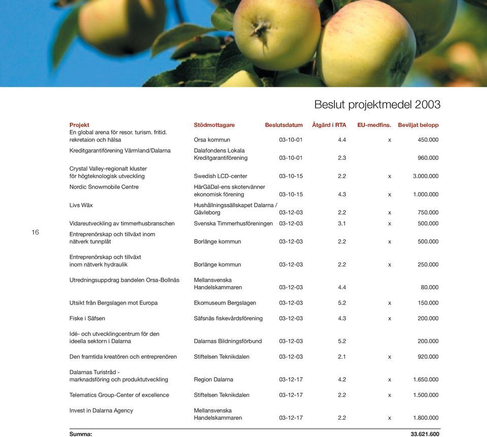 000 Crystal Valley-regionalt kluster för högteknologisk utveckling Swedish LCD-center 03-10-15 2.2 x 3.000.000 Nordic Snowmobile Centre HärGäDal-ens skotervänner ekonomisk förening 03-10-15 4.3 x 1.