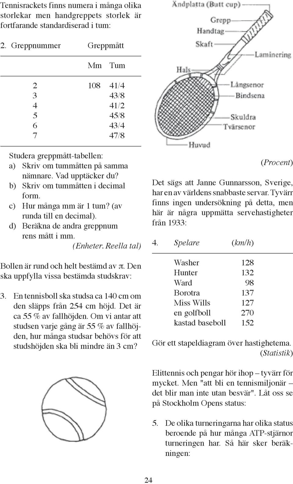 c) Hur många mm är 1 tum? (av runda till en decimal). d) Beräkna de andra greppnum rens mått i mm. (Enheter. Reella tal) Bollen är rund och helt bestämd av π.