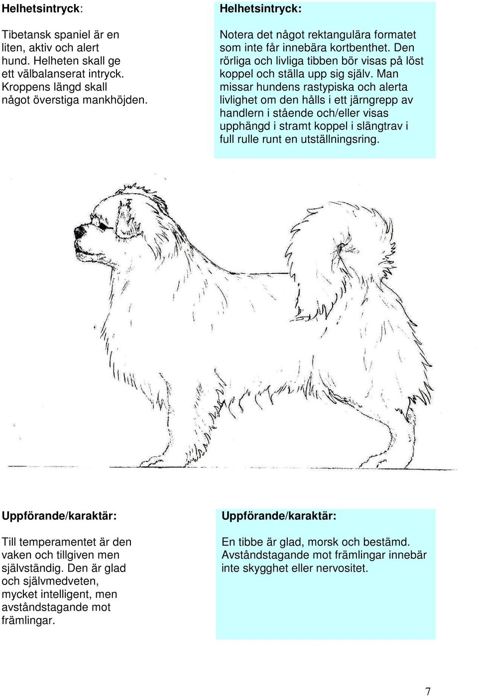 Man missar hundens rastypiska och alerta livlighet om den hålls i ett järngrepp av handlern i stående och/eller visas upphängd i stramt koppel i slängtrav i full rulle runt en utställningsring.