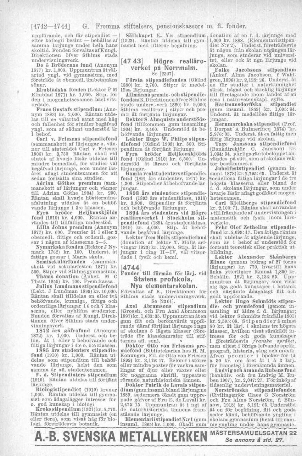 Elmbladska fonden (Lektor P M Elmblad 1871) kr. 1,000. Stip. för den i mogenhetsexamen bäst vitsordade. Frans Qnstafs stipendium (Anonym 1883) kr. 2,000.