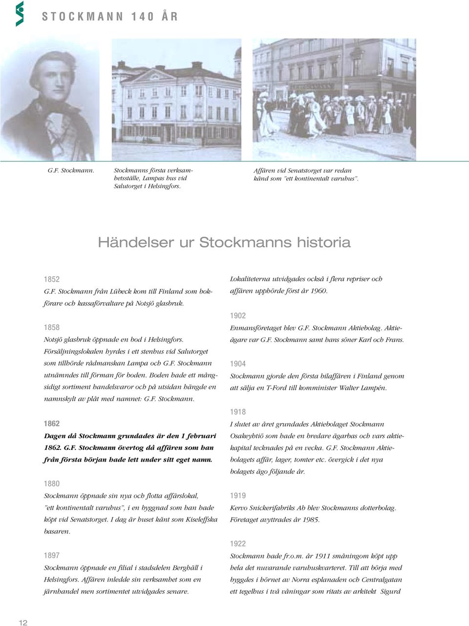 Försäljningslokalen hyrdes i ett stenhus vid Salutorget som tillhörde rådmanskan Lampa och G.F. Stockmann utnämndes till förman för boden.