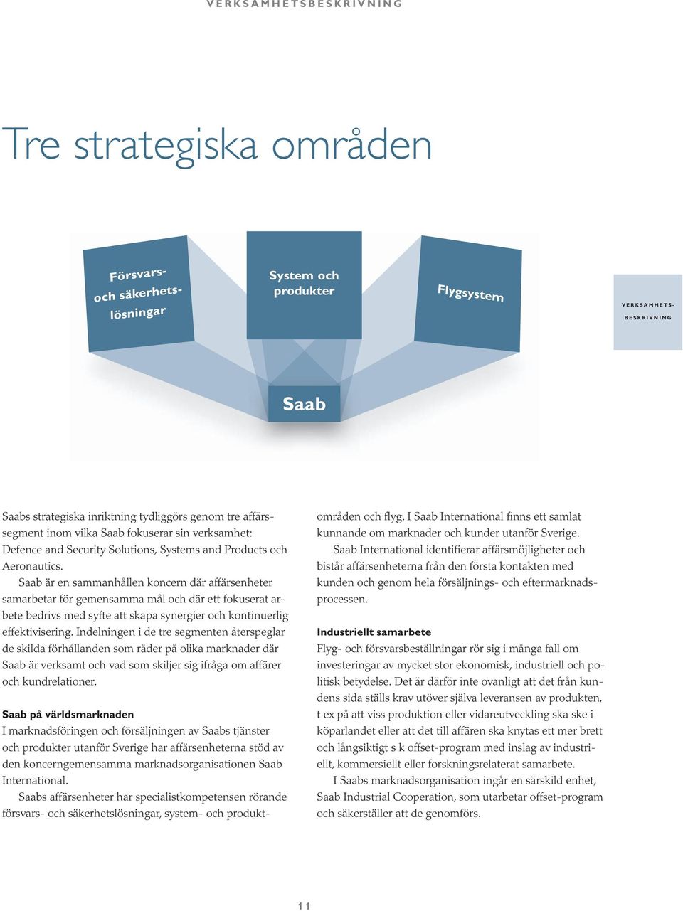 Saab är en sammanhållen koncern där affärsenheter samarbetar för gemensamma mål och där ett fokuserat arbete bedrivs med syfte att skapa synergier och kontinuerlig effektivisering.