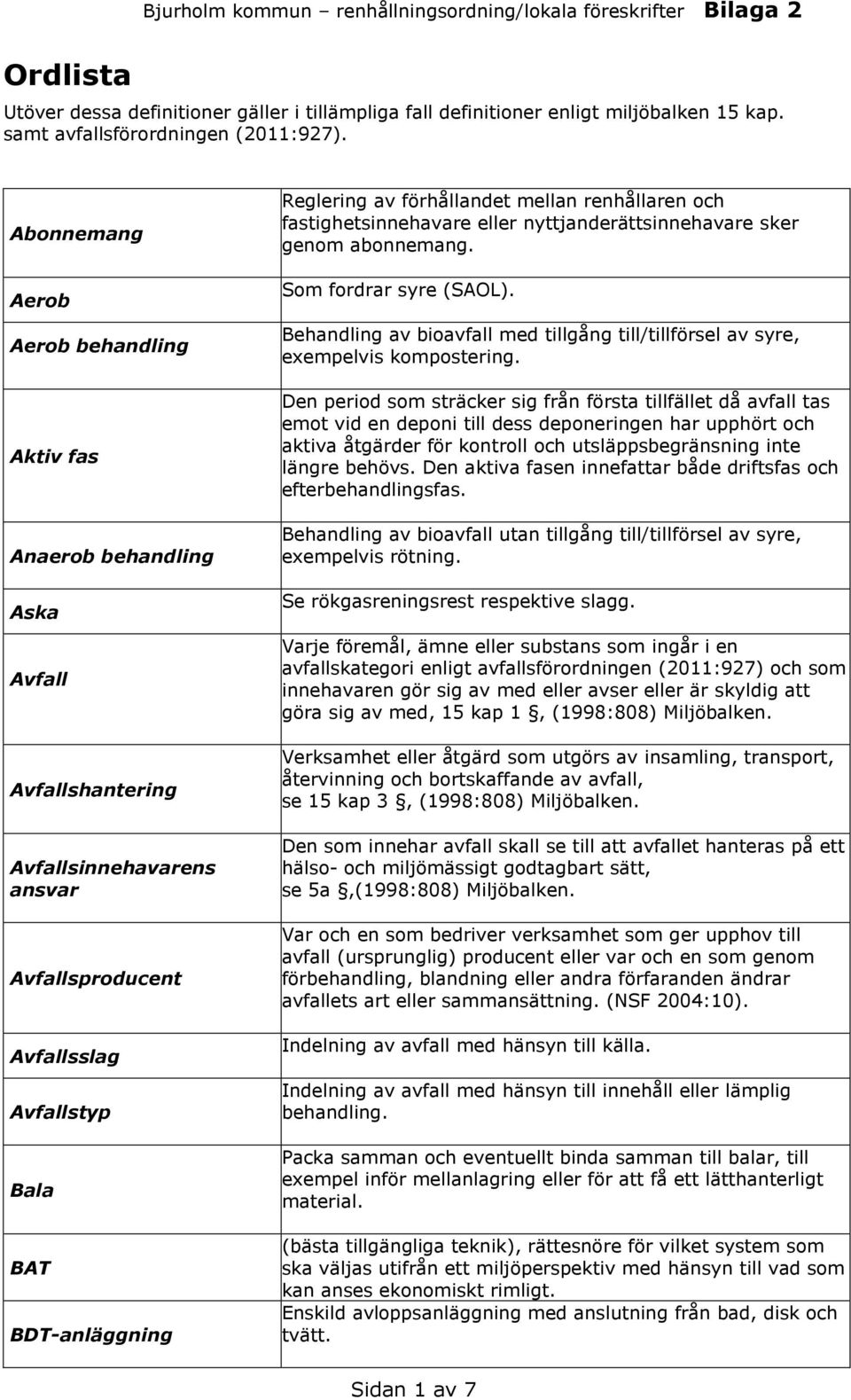 Abonnemang Aerob Aerob behandling Aktiv fas Anaerob behandling Aska Avfall Avfallshantering Avfallsinnehavarens ansvar Avfallsproducent Avfallsslag Avfallstyp Bala BAT BDT-anläggning Reglering av