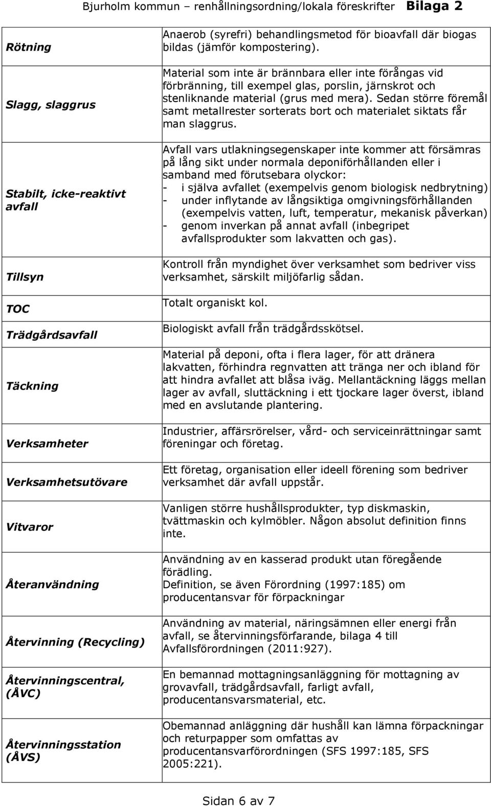 Material som inte är brännbara eller inte förångas vid förbränning, till exempel glas, porslin, järnskrot och stenliknande material (grus med mera).