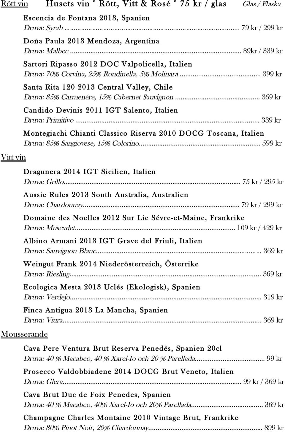 .. 399 kr Santa Rita 120 2013 Central Valley, Chile Druva: 85% Carmenére, 15% Cabernet Sauvignon. 369 kr Candido Devinis 2011 IGT Salento, Italien Druva: Primitivo.