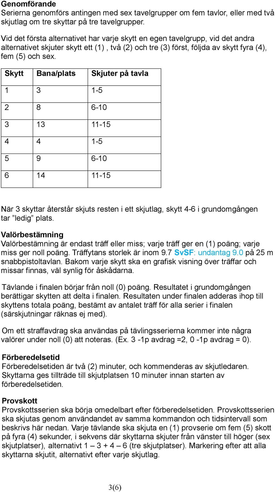 Skytt Bana/plats Skjuter på tavla 1 3 1-5 2 8 6-10 3 13 11-15 4 4 1-5 5 9 6-10 6 14 11-15 När 3 skyttar återstår skjuts resten i ett skjutlag, skytt 4-6 i grundomgången tar ledig plats.