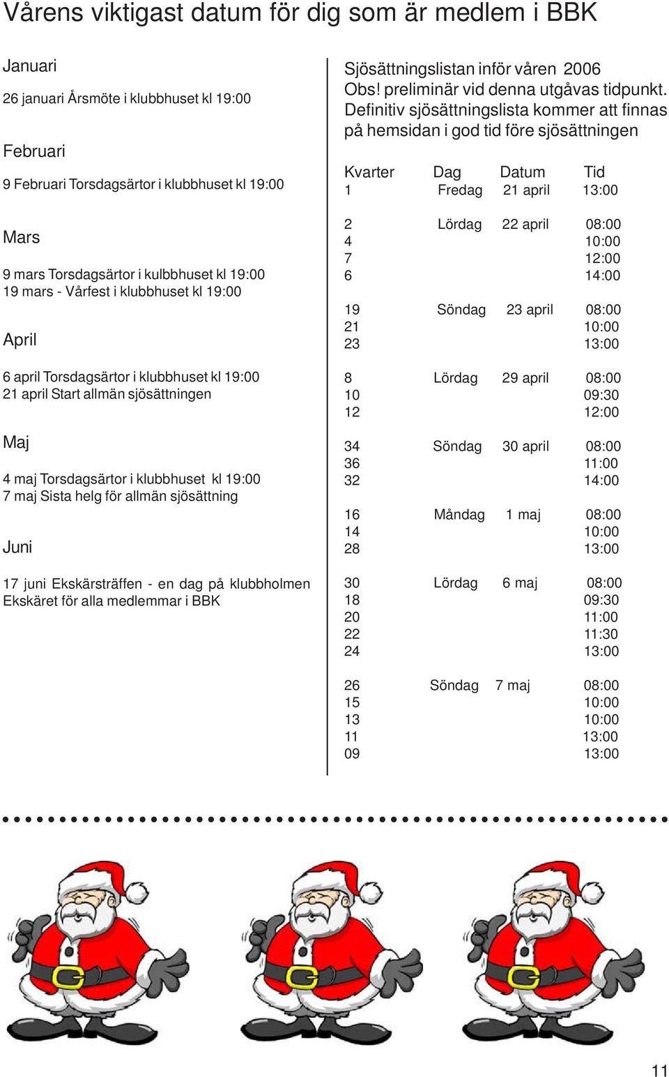 allmän sjösättning Juni 17 juni Ekskärsträffen - en dag på klubbholmen Ekskäret för alla medlemmar i BBK Sjösättningslistan inför våren 2006 Obs! preliminär vid denna utgåvas tidpunkt.