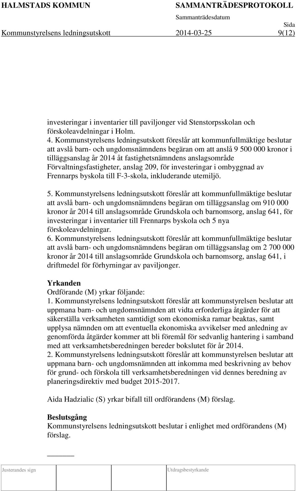 anslagsområde Förvaltningsfastigheter, anslag 209, för investeringar i ombyggnad av Frennarps byskola till F-3-skola, inkluderande utemiljö. 5.