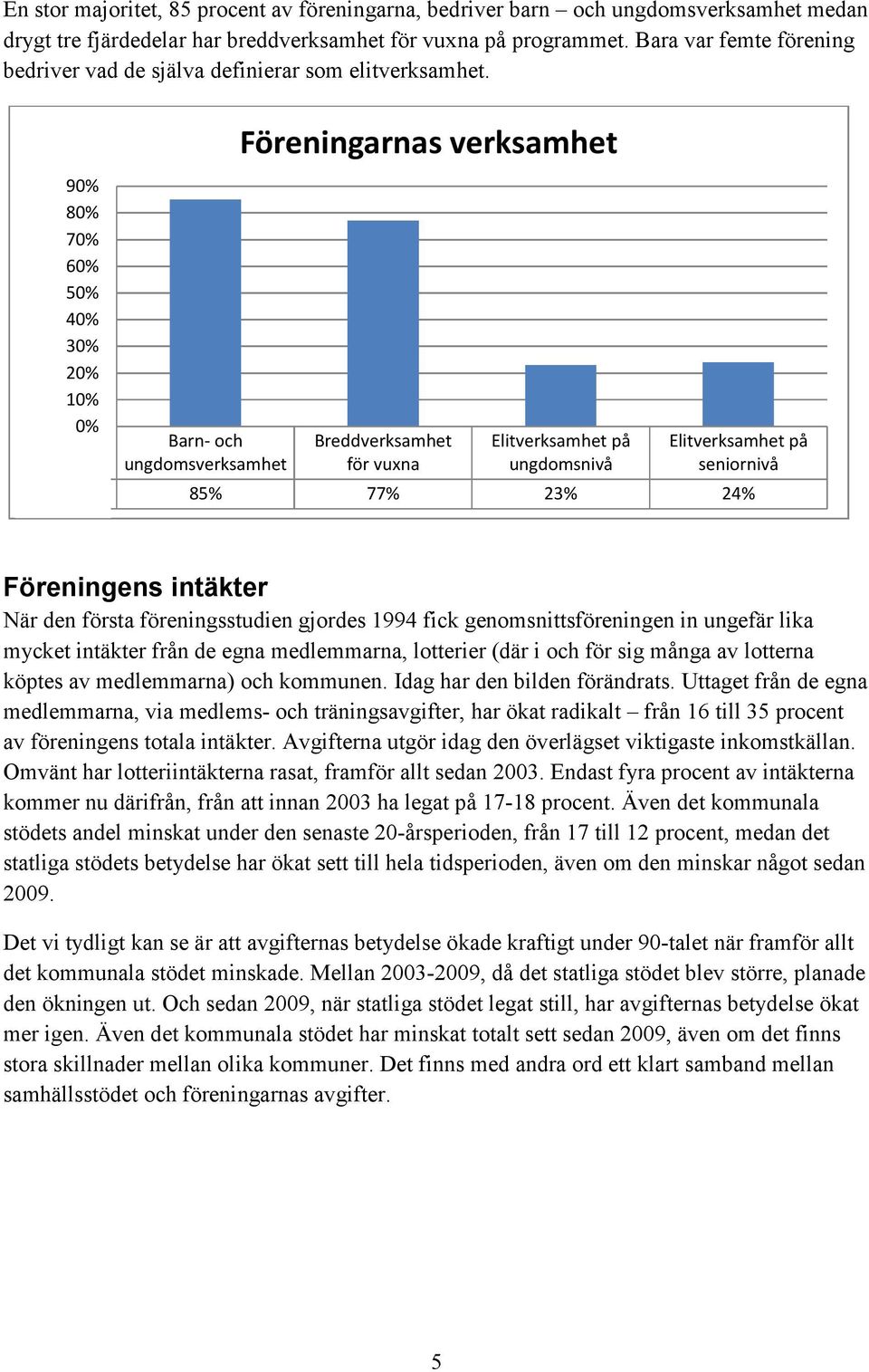 90% 80% 70% 60% 50% 40% 30% 20% 10% 0% Barn- och ungdomsverksamhet Föreningarnas verksamhet Breddverksamhet för vuxna Elitverksamhet på ungdomsnivå Elitverksamhet på seniornivå Serie1 85% 77% 23% 24%