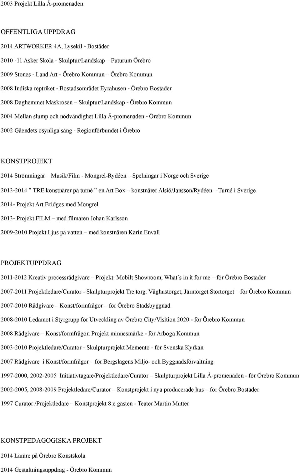 2002 Gåendets osynliga sång - Regionförbundet i Örebro KONSTPROJEKT 2014 Strömningar Musik/Film - Mongrel-Rydéen Spelningar i Norge och Sverige 2013-2014 TRE konstnärer på turné en Art Box konstnärer