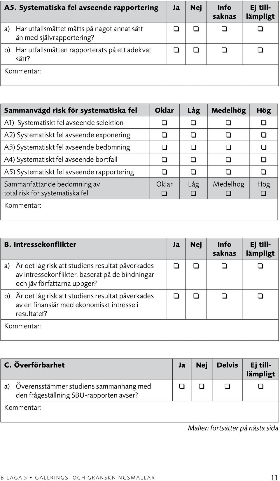 A4) Systematiskt fel avseende bortfall A5) Systematiskt fel avseende rapportering Sammanfattande bedömning av total risk för systematiska fel Oklar Låg Medelhög Hög B.