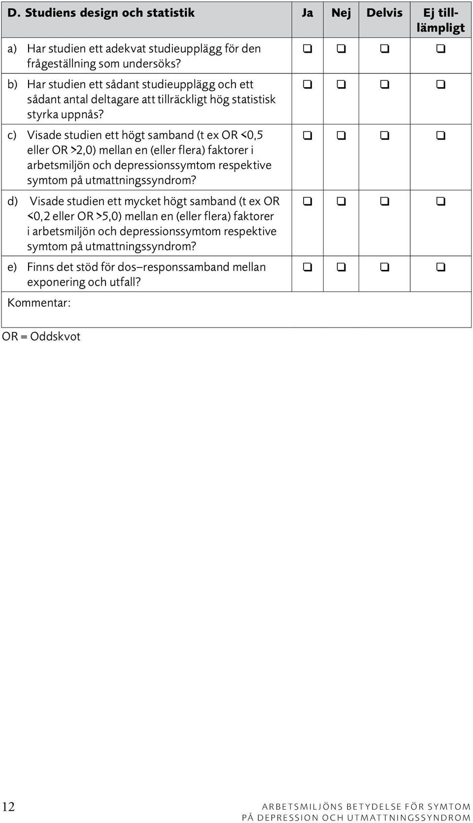 c) Visade studien ett högt samband (t ex OR <0,5 eller OR >2,0) mellan en (eller flera) faktorer i arbetsmiljön och depressionssymtom respektive symtom på utmattningssyndrom?