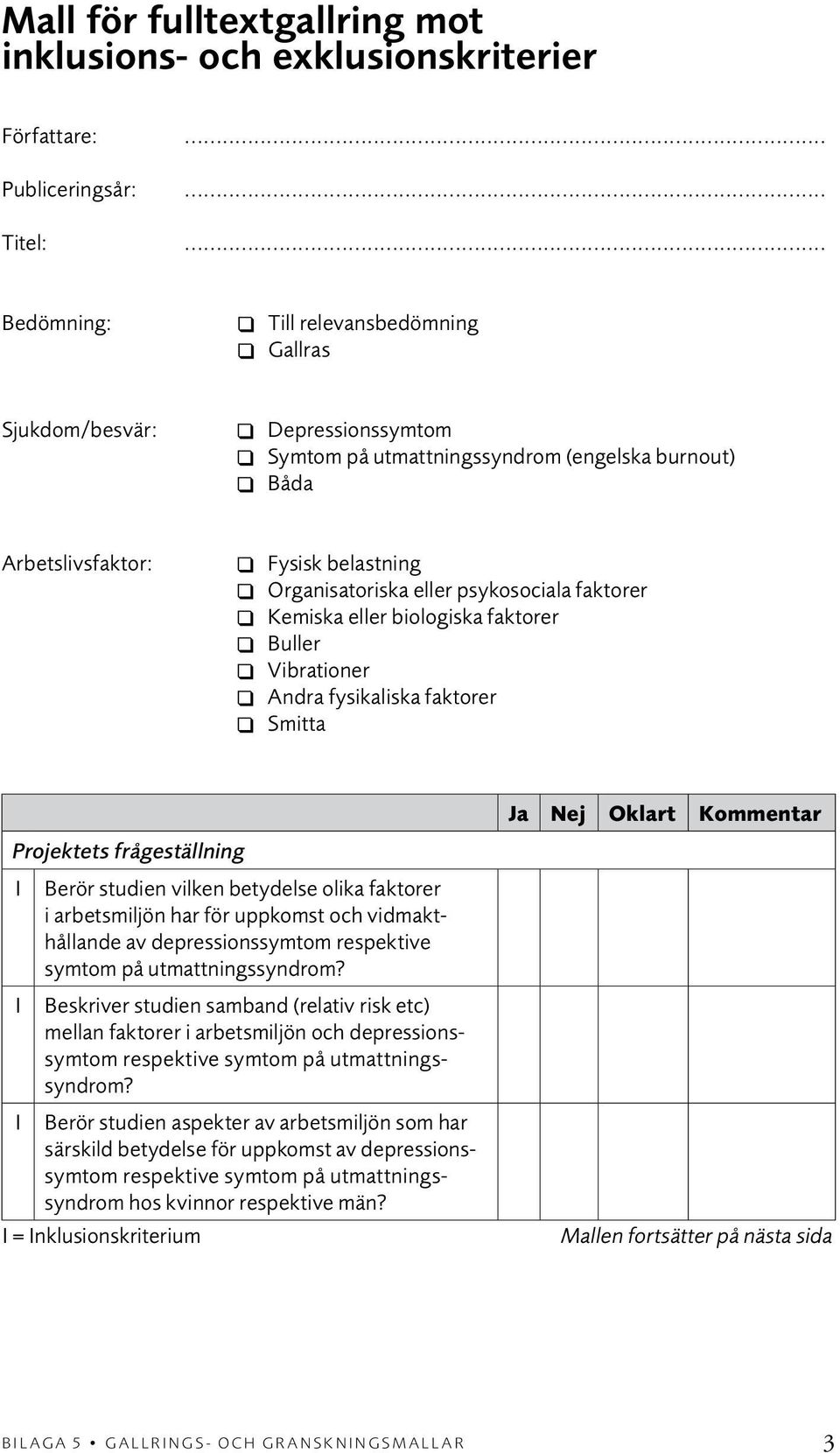 psykosociala faktorer Kemiska eller biologiska faktorer Buller Vibrationer Andra fysikaliska faktorer Smitta Projektets frågeställning I Berör studien vilken betydelse olika faktorer i arbetsmiljön