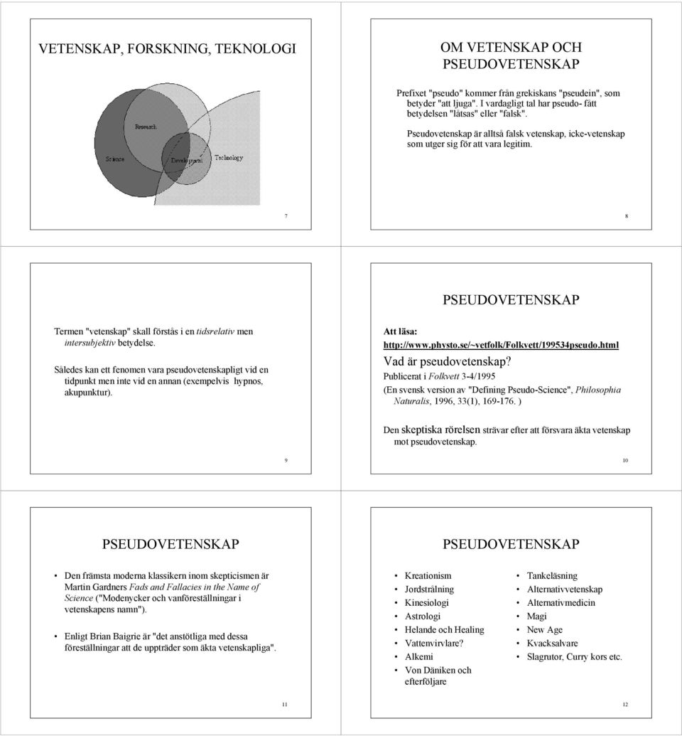 Således kan ett fenomen vara pseudovetenskapligt vid en tidpunkt men inte vid en annan (exempelvis hypnos, akupunktur). Att läsa: http://www.physto.se/~vetfolk/folkvett/199534pseudo.